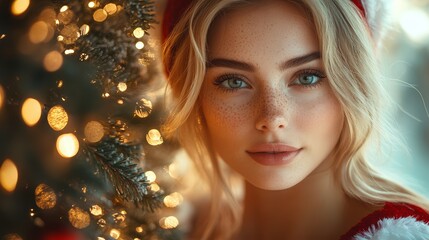 Fototapeta premium Close up portrait of a young blonde woman with freckles and blue eyes wearing a red Santa hat next to glowing Christmas