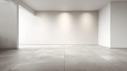Minimalist Interior Design: Empty White Room with Concrete Floor and Subtle Lighting for Display