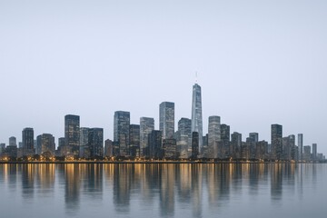 Obraz premium Dramatic Skyline Reflection at Dusk: Modern Cityscape with Towering Architecture and Urban Illumination