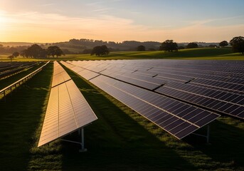 Large solar farm with rows of photovoltaic panels in open field at sunset producing renewable energy and supporting sustainability goals