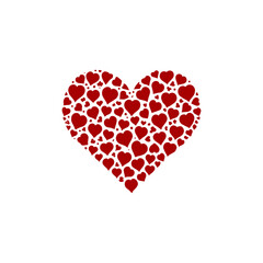 Vector art of heart shape made of many small red hearts, isolated on white background
