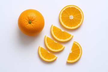 Vibrant Orange Still Life: Whole, Sliced, and Segmented Citrus Fruit on Clean White Background, Enhancing Freshness and Healthy Eating