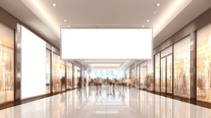 Fototapeta premium Modern Shopping Mall Interior with Blank Signage for Advertising Mockup and Blurred Shoppers