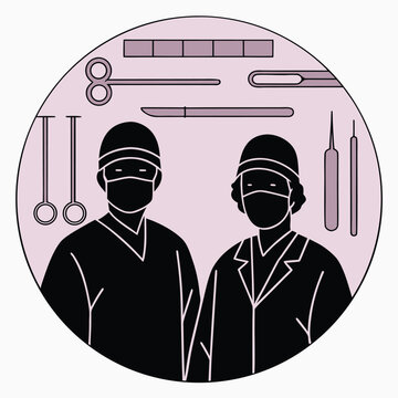 surgeons with surgical tools in pink circle clip art preview