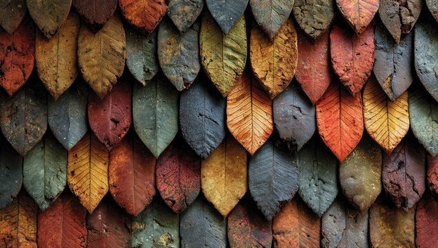 Colorful leaf-shaped tiles arranged in overlapping rows