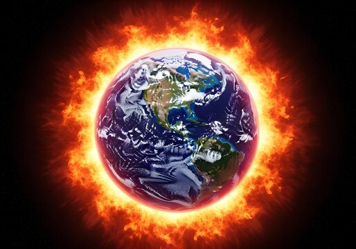 Planet Earth surrounded by intense fiery glow symbolizing extreme global warming climate change and environmental crisis on a planetary scale