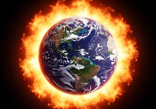 Planet Earth surrounded by intense fiery glow symbolizing extreme global warming climate change and environmental crisis on a planetary scale