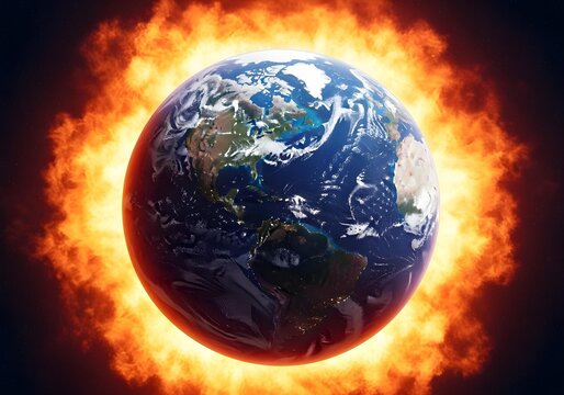 Planet Earth surrounded by intense fiery glow symbolizing extreme global warming climate change and environmental crisis on a planetary scale