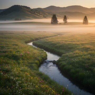 Serene Morning Mist Gently Flows Through a Lush Green Meadow with a Winding Stream Under Golden Sunrise Light