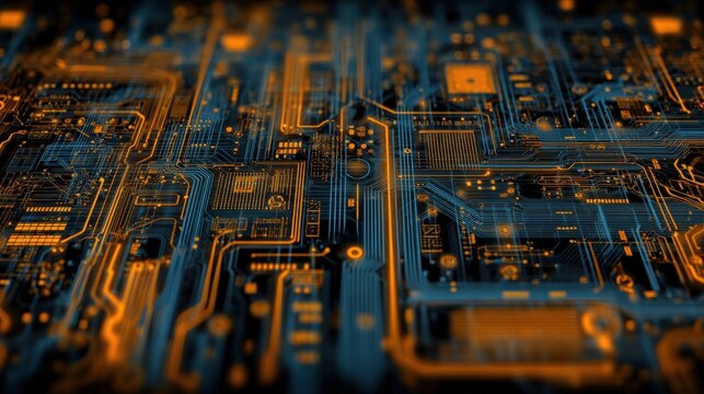Abstract Circuit Board Design with Orange and Blue Light Trails for High Tech Visuals