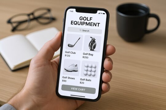 Online Shopping: Man holds smartphone with golf equipment shop application, showing golf club, golf bag, golf shoes and golf balls - Powered by Adobe