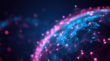 Obraz premium Global Network Connection Visualization with Pink and Blue Nodes Connecting Across a Digital Planet