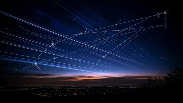 Night sky with satellite trails over cityscape at dusk illustrating starlink expansion