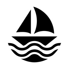 Minimalist vector graphic with stylized sailboat on simplified ocean waves inside circular emblem for marine branding, sailing clubs, boat rentals or nautical themed projects