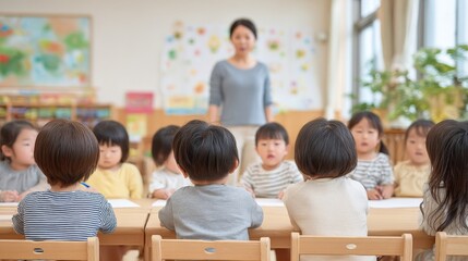 Asian Preschool Teacher Supervising Diverse Young Students During an Engaging Classroom Activity