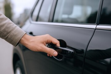 Opening Car Door: Close-up of Hand on Handle of a Dark Vehicle