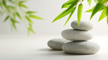 Zen Stones and Bamboo Leaves Arrangement for Wellness and Tranquility, Conveying Balance and Serenity