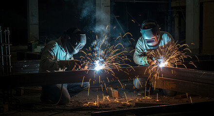 Skilled Metalworkers Engaged in Precision Welding Operations with Intense Sparks Flying in a Darkened Workshop Environment