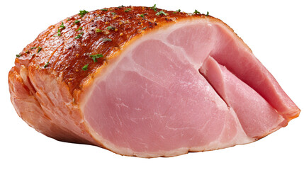 A close up macro photograph of a single delectable slice of cured smoked ham resting on a vibrant multi colored and textured abstract background highlighting its delicious texture and color.