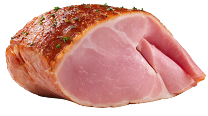 A close up macro photograph of a single delectable slice of cured smoked ham resting on a vibrant multi colored and textured abstract background highlighting its delicious texture and color.