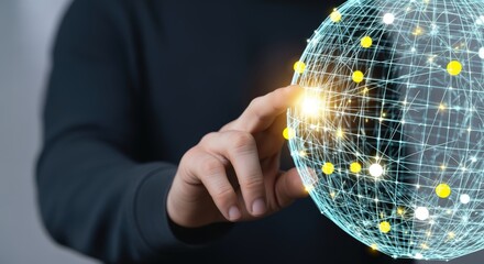 Man Interacting with Digital Globe: Connectivity, Technology, and Future Innovations in a Global Network