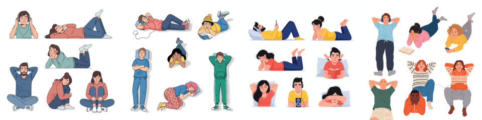 Collection of Diverse People Relaxing, Resting, and Listening