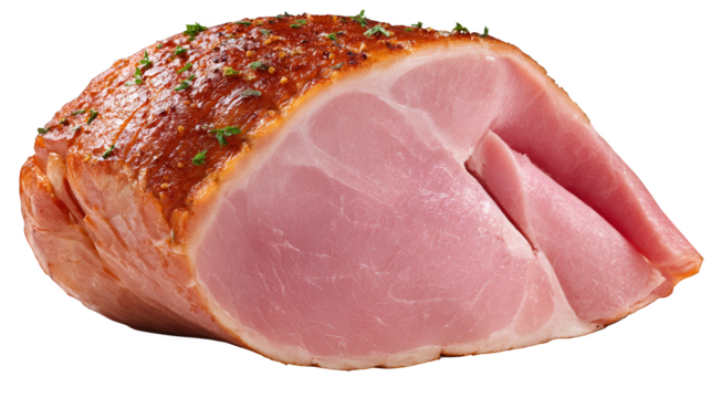 A close up macro photograph of a single delectable slice of cured smoked ham resting on a vibrant multi colored and textured abstract background highlighting its delicious texture and color.