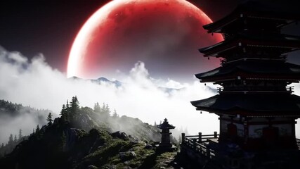 Ancient Asian temple on a misty mountain under a dramatic red moon. A serene and mystical fantasy landscape. - Powered by Adobe