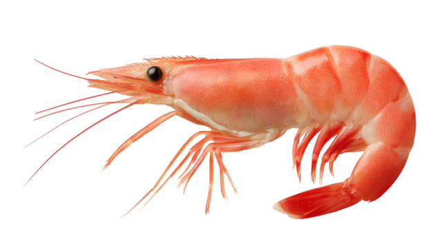 A detailed macro photograph of a vibrant red shrimp poised elegantly against a stark solid black background highlighting its delicate features and translucent shell.