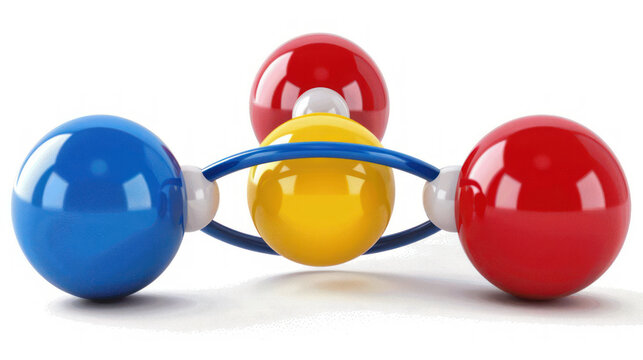 Colorful Molecular Model Representing Chemistry Concepts with Red, Blue, and Yellow Atoms on a White Background