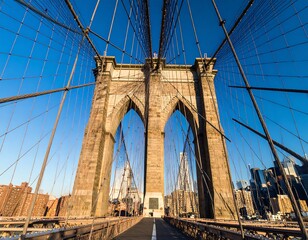Fototapeta premium Low-angle view of Brooklyn Bridge, sunlit