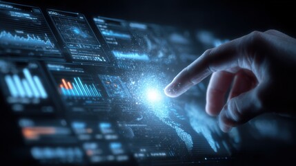 Interactive Data Visualization: A Hand Touching a Futuristic Touchscreen Interface Displaying Complex Graphs and Analytics