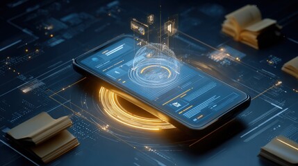 Futuristic Mobile Phone Display with Holographic Interface, Data Transmission, and Innovative Technology for Business Solutions