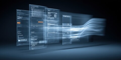 Abstract Futuristic Data Flow Visualization with Glowing Screens and Lines for Technology Concepts