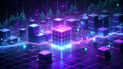 Blockchain analysis with purple matrix code floating in cyberspace