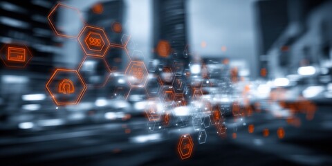 Abstract Digital Network Overlay on Cityscape Background, Representing Connectivity, Communication and Futuristic Technologies