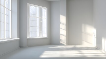 Fototapeta premium Empty room with large windows and bright sunlight.