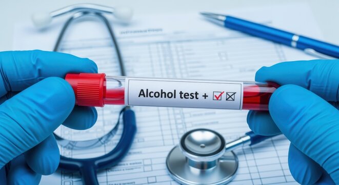 Alcohol Blood Test: Medical Professional Holding Positive Sample with Stethoscope and Pen in Hospital Setting