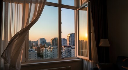 Golden Hour Over the City Through an Open Window with a Billowing Sheer Curtain