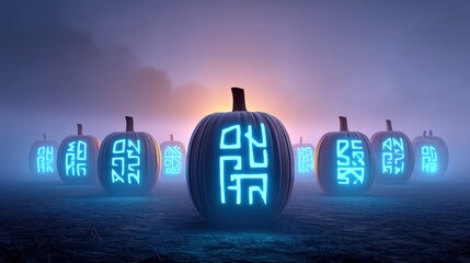 Glowing Pumpkins in Foggy Field at Dusk with Mystical Symbols