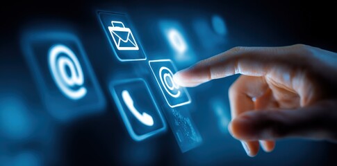 Obraz premium Contact interface concept showcasing customer service with a finger touching the icon on the digital display