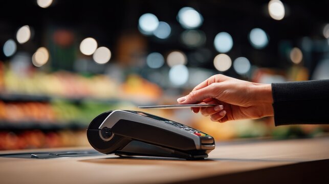 Contactless Payment Transaction at Grocery Store Checkout with Person Tapping Card on Terminal for Convenient Shopping