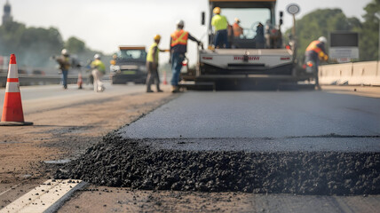 Obraz premium Low-angle view of fresh asphalt with workers and machinery in the background. 