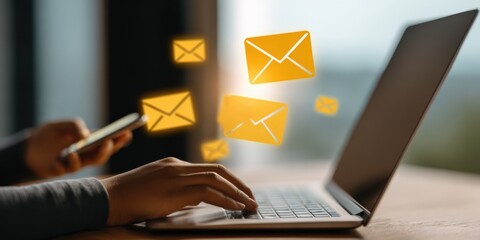 Business Professional Engaging in Digital Communication via Laptop and Smartphone, Emphasizing Connectivity and Efficiency