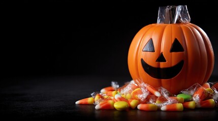 Festive Halloween Jack-o'-Lantern with Candy Corn Against Dark Background, Ideal for Holiday Promotions and Seasonal Marketing