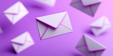 Minimalist 3D Render of White Envelopes Falling on Purple Background, Symbolizing Communication and Correspondence
