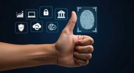 Fototapeta premium Biometric Security Approval: Thumb Up for Fingerprint Recognition, Data Protection and Secure Authentication Technology