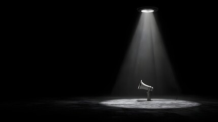 Spotlight illuminates a single megaphone in a dark space.