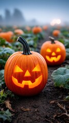 Obraz premium Spooky Halloween Pumpkins Glowing in a Foggy Pumpkin Patch