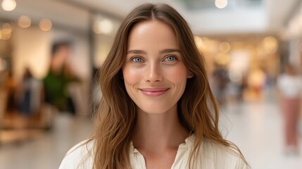 Smiling Young Woman in a Bright Shopping Mall Environment